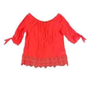 Bobeau Top Blouse Red Orange Off The Shoulder Lace Hem Women's‎ Size Medium
